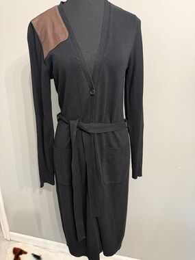 Lauren Ralph Knit Belted Cardigan Duster with Leather Shoulder and Elbow Patch